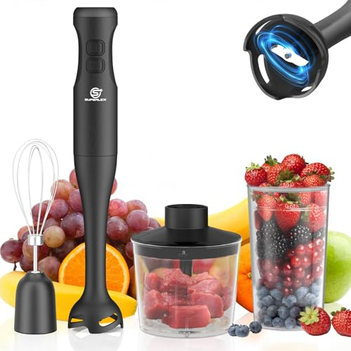 SUPERLEX Hand Blender, 4-in-1 Stick Blender Set, 350W, 500ml Chopper Bowl | Whisk, 700ml Beaker, 2 Speeds & Turbo, Immersion Blender for Smoothies, Soups, Baby Food, Sauces & Puree