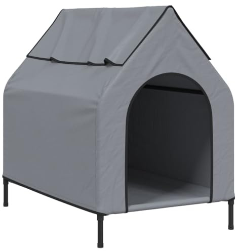 Hundehütte mit Stahlrahmen & 4 Beine, Hundehaus mit Rollbar Wetterfest Dach für Terrasse Hinterhof, Hellgrau 110 x 75 x 107 cm Oxfürd-Gewebe