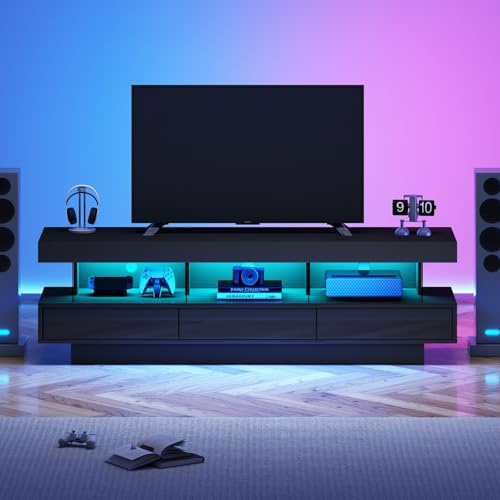 YEHTOKHOME Meuble TV LED 160 cm, Meuble TV avec 3 Tiroir, 3 Étagères en Verre, LED RGB Contrôlable par App Bluetooth, Supporte Télé 70 Pouces, Style Moderne pour Salon (Noir-1)
