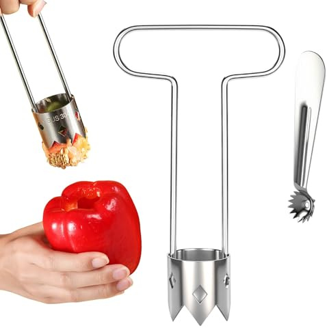 Vide Pomme en Acier Inoxydable 304 avec cuillère pour retirer la tige,Épépineur à Poivrons en Forme de T,Dénoyauteur Pomme avec Lame Dentelée,Outil de Cuisine pour Enlever le Trognon,Fruits et Légumes