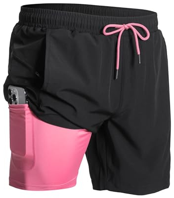 NORTHYARD Men's Swim Trunks 2 in 1 Swimsuit Swim Shorts Quick Dry 7 Board Short Beach Bathing Swimming Swimwear with Pockets Exercise Black S