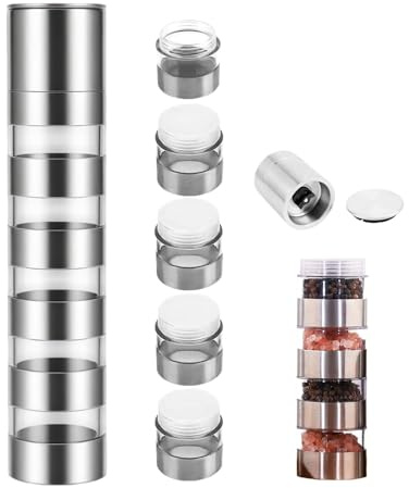 OXDASW 5 in 1 Camping Gewürzstreuer,Gewürzstreuer Edelstahl | Mini Gewürzgläser Set mit Gewürzmühle,für Reisen,Zuhause,Küche,Kochen,Steak,BBQ(20ml)