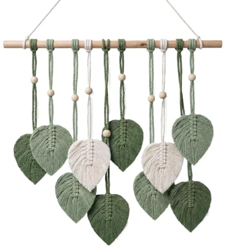 Zirax Macrame Wall Hanging Green Leaf Tassel Tapestry - 10 Leaves Woven Cotton Rope Boho Chic Wall Decor for Bedroom, Living Room, Office and Apartment, Aesthetic Bohemian Home Wall Art Ornament