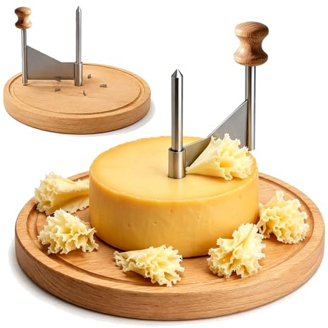 Osthyvel rund av trä för Tête de Moine ost, Ø 22 cm x 14,3 cm roterande ostskrapa med blad av rostfritt stål, ostskivare för ostblommor och choklad, ostpapiljotter för gourmet, desserter