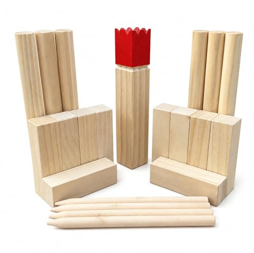 ZCCREATTIVE Premium Kubb Yard Game Set, 100% Massivholz, inklusive König, 10 Blöcke, 6 Wurfdübel, 4 Eckheringe, Outdoor Familienspiel (Red King)