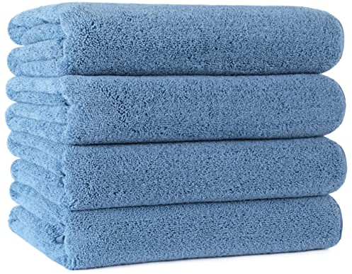 Polyte - Toalla de baño de Microfibra superabsorbente antipelusa - Secado rápido - Azul - 145 x 76 cm - Pack de 4