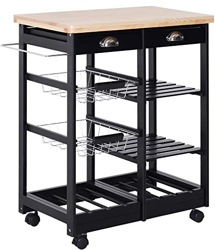 HOMCOM Carrito Auxiliar con Ruedas Carrito Verdulero Carro de Cocina con 2 Cajones 2 Cestas y 2 Estantes para Comedor 74x37x76 cm Negro