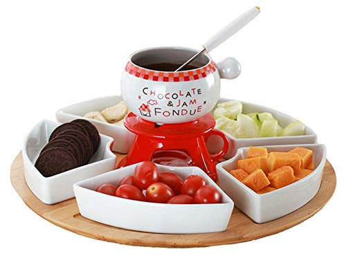 XCXDX Fondue Au Fromage en Céramique avec 4 Fourchettes, 5 Morceaux D'assiettes De Fruits avec Plateau, Costume pour Les Fêtes
