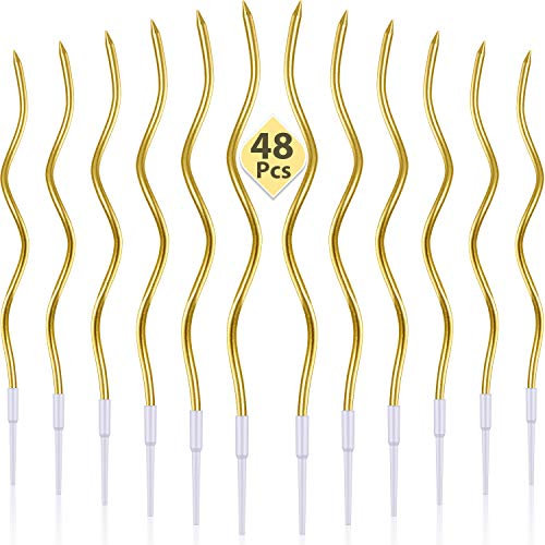 48 Stück Gebogen Geburtstag Kerzen Spiral Kuchen Kerzen mit Halter Metallisch Kuchen Cupcake Kerzen Lang Dünn Lockig Spule Kuchen Kerzen für Geburtstag, Hochzeit Party Dekoration (Metallisch Gold)