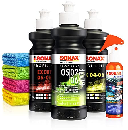 Politur Set: Sonax ExCut 05-05 + Ex 04-06 + OS 02-06 (je 250ml) + Sonax Ceramic Spray Versiegelung - Zur starken Defektkorrektur und maximalen Hochglanz - Auto polieren | 8-teilig
