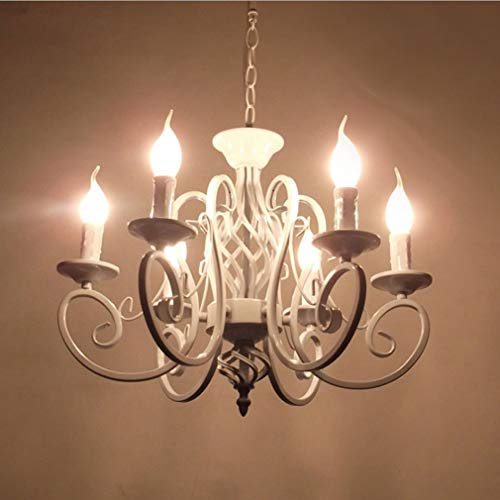 E14 Kronleuchter Pendelleuchte Vintage Industrie Kerze Lampe Esszimmer Wohnzimmerlampe, 53CM Rund Hängelampe für Landhaus Rustikal Arbeitszimmer Esstisch Design Deckenleuchte, Höhenverstellbar (Weiß)