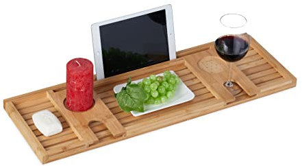 Relaxdays Mensola per Vasca da Bagno in bambù, Largo 73,5 cm, Vassoio con Scomparto per Bicchiere e Tablet, Naturale