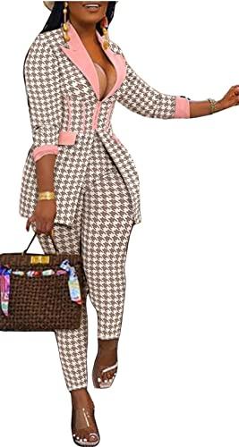 Womesn Sexy 2 Pieces Houndstooth Printed Blazer Jackets Bodycon Pants Party Clubwear Tracksuit Outfits Suit Set(Pink,3XL)