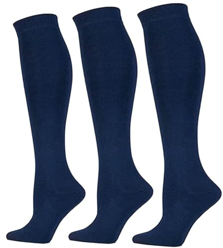 ITRAT 3 Pairs Girls Knee High School Socks Back to School Cotton Rich Socks Uniform Party Wear Comforts Fit Log Sock Stocking Girls Knee High Kids School Socks (12-3, Navy)