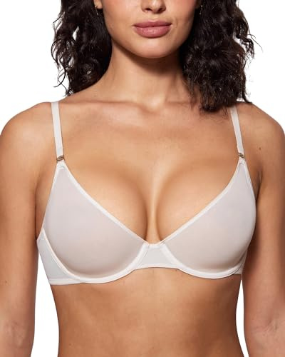 INLYRIC Women's Cosnufy Sheer Bra Unlined Plunge Underwired Mesh Demi See Through Sexy Bras Coconut White 32F