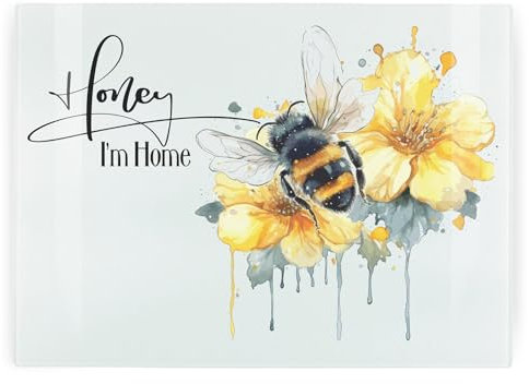 Purely Home Grande planche à découper rectangulaire en verre - Motif abeilles et fleurs - Protection de plan de travail - Planche à découper lisse avec pieds antidérapants - 39 x 28,5 cm, PSL10087-1