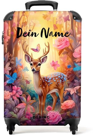 NoBoringSuitcases.com® Kinderkoffer Mädchen - Koffer Kinder Mädchen - Kleines REH mit Blumen - Kinder Koffer Madchen - Trolley - Kinder Trolley Mädchen - 55x40x20 - Fotokoffer - Personalisiert