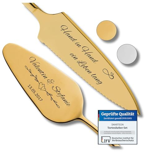 SMARTEON Cake-Server Set Hand in Hand mit Tortenmesser und Personalisierter Gravur – Hochzeitsgeschenke für Brautpaar, Geburtstag, Jubiläum, Geschenkidee für Paare – Goldfarbenes Set in Geschenkbox