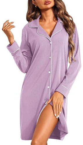 Ekouaer Womens Long Sleeve Nightgowns Button Down Sleep Shirts V Neck Sleep Dress Lilac S