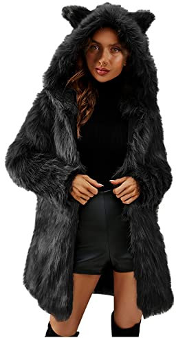 Komiseup Fleecejacke Damen, Winterjacke Damen Lange Winter Pelzmantel Elegant Kunstpelz Jacke Offener Front Wintermantel Dick Plüschjacke mit Kapuze Warme Kunstfell Oberbekleidung Faux Pelz Coat 29
