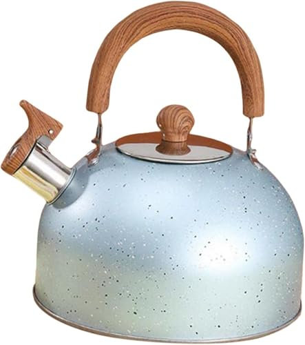 Bouilloire en acier inoxydable de 3 litres avec poignée en bois, bouilloire sifflante bleue, convient à toutes les sources de chaleur