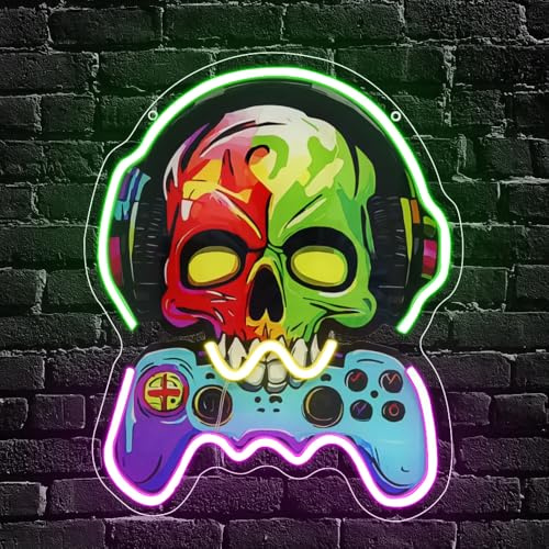 Gaming Neon Schild für Wand Deko, Gamer LED Schädel Kopf mit Kopfhörer Neon Schild für Hintergrund,Spielen Wall Art Decor Geschenk für Schlafzimmer Bar Video Room Party USB Powered（13.4*11）