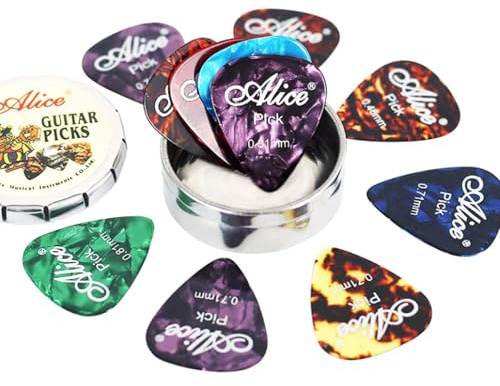 Hoshisea 12 stycken gitarrplock, plektrum gitarr tunt, celluloid gitarrplektrum, 0,46/0,71/0,81 mm, förvaringslåda, lämplig för gitarr, elgitarr, bas, ukulele