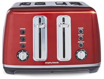 Morphy Richards Accents Toaster 4 Slice Toaster, Variable Browning, Wide Slots, High Lift, Illuminated Buttons, Removable Crumb Tray, Cancel, Reheat, Defrost, Integrated Cord Storage, Red, 242048