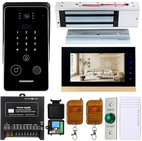 Smart Home 7-Inch Video Intercom Doorbell System with HD Display & Touch Keypad, Fingerprint/Key Card/Password/Remote Unlock, 1200lbs Magnetic Lock (NC) & Exit Button for Homes & Villas