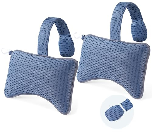 HUGABOW 2-Pack Large Pillows (Blue) for Hot Tub, Spa & Chaise Lounge – Universal Headrest & Neck Support, Machine-Washable, 4D Breathable Mesh, Adjustable Height with Removable Weight, Easy-Dry Hook