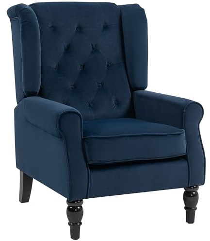 HOMCOM Retro Accent Chair, Velvet Wingback Armchair with Wood Frame Button Tufted Design for Living Room Bedroom, Dark Blue