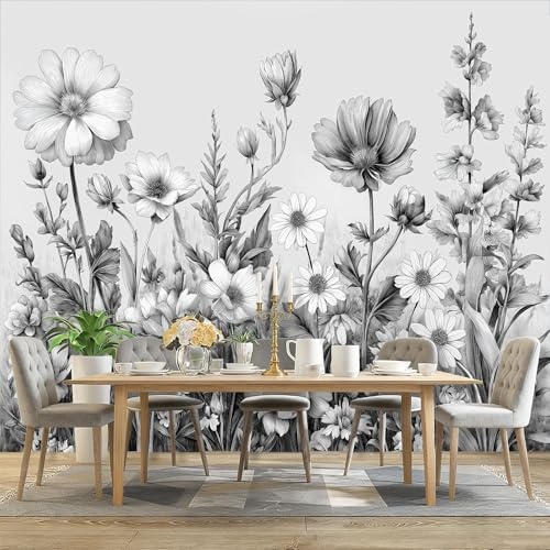 Carta da parati Fotografica Retrò Acquerello Fiori, Grigio Motivo Panoramico Murale - 200 x 140 cm Effetto 3D Carta da parati decorazione interna per Soggiorno Camera Ristorante