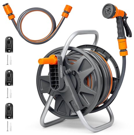 Vonhaus Garden Hose Reel 25m – 2-in-1 Hose Pipe Reel with 8-Pattern Spray Nozzle & 1/2 and 3/4 Fittings, Wall Mounted and Freestanding Heavy Duty Rewind Water Hose