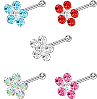 PIERCINGLINE 5er SET 925er STERLING SILBER Nasenpiercing KRISTALLBLUMEN Piercing Nase Stecker hellblau hellrot kristallklar regenbogen rosa