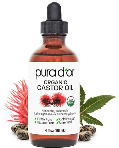 PURA D'OR 4 Oz Organic Castor Oil – Pure Cold-Pressed, Hexane-Free, USDA Certified – Lashes, Brows, Hair Relaxer, Scalp, Skin – Moisturizer Supporting Softness, Strength, Hydration, Shine & Radiance