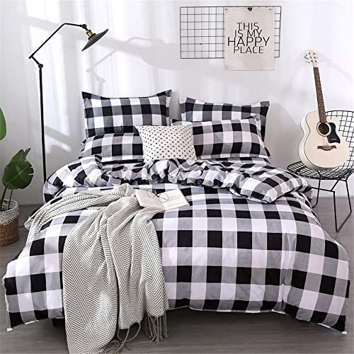 FANSU Parure de Lit pour Enfant 140x200cm Noir et Blanc, Housse de Couette à Carreaux en Microfibre avec Fermeture Éclair Sets de Housse Couette avec 2 Taie d'oreiller (140x200cm, Noir Gris Blanc)