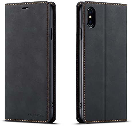 QLTYPRI Fodral till iPhone X iPhone XS, premium PU-läderfodral TPU stötfångare med korthållare ställ dold magnetisk adsorption flip plånboksfodral för iPhone X iPhone XS – svart