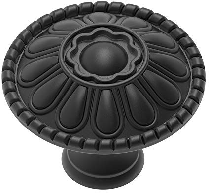 trust4care 4-Pack Euro-Style Matt Black Kitchen Cabinet Knobs, 1.25 Round Zinc Drawer Knobs with Victorian Floral Pattern, Farmhouse & Vintage Dresser Furniture Handle Hardware