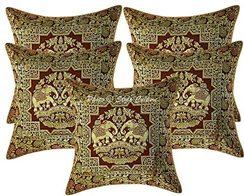 Stylo Culture Ethnico Fundas De Cojines Decorativos 40x40 cm Brocado De Seda Elefante Fundas Almohadones Sofa Marrón Café Jacquard Cuadrado Cremallera Fundas Almohadones para Sillas - 5 Pcs