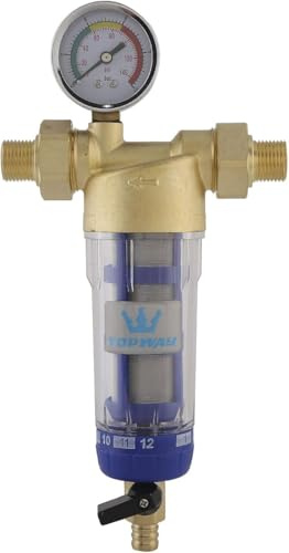TOPWAY Prefiltro de Agua Filtro de Agua de Sedimentos Lavable y Reutilizable Purificador de Agua Prefiltro de ósmosis Acero Inoxidable 60 Micras, con Manómetro 150203