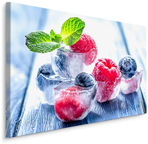 Muralo Leinwandbilder 100x70 Essen Obst Himbeeren Leinwand Wandbild Kunstdruck Beeren Heidelbeeren EIS Blätter Schlafzimmer Wohnzimmer Wanddekoration Design XXL 725 Br. 100 cm x Hö. 70 cm
