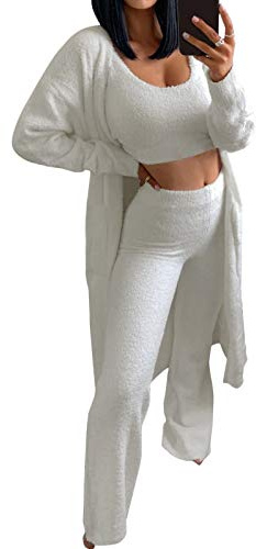 Minetom Femmes Ensemble de 3 Pièces Pyjamas Chaud Toison Polaire Vêtements de Nuit Doux Veste Sweat à Capuche Débardeur Pantalons Longs C Blanc 34