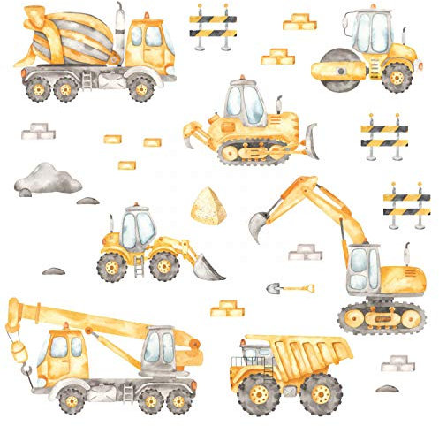 206 Wandtattoo Baustelle Aquarell - Fahrzeuge Bagger Autokran und co. Größe 2000 x 1120 mm - in 6 Größen - Kinderzimmer Sticker Wandaufkleber Wandsticker Wanddeko Wandbild Junge Mädchen