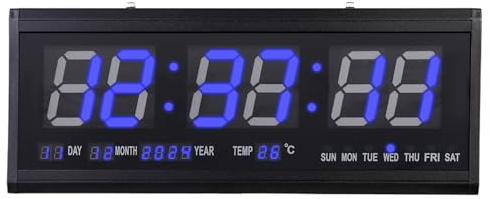 Fetcoi Digitaluhr Wanduhr Digital LED Uhr Seniorenuhr Wecker Büro Wohnzimmer LED Display mit Datumanzeige und Temperaturanzeige (Blaue Schrift)