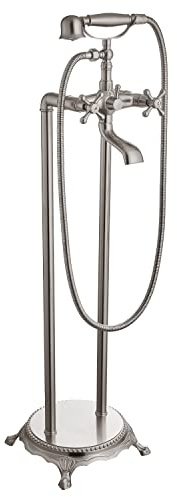 Cinwiny Freistehender Badewannenfüller aus gebürstetem Nickel | Bodenmontage Wannenfüller mit Handbrause, doppelte Kreuzgriffe, Vintage-Wannenarmatur mit Telefon-Stil