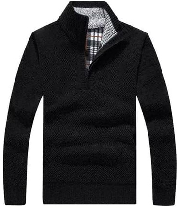 Les umes Mens Quarter Zip Jumper Plaid Fleece Lined Knit Turtleneck Sweater Warm Long Sleeve Stand Collar Pullover Black L