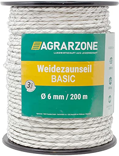 Agrarzone Weidezaunseil Basic 200m, Ø 6mm, weiß | NIRO-Leiter 2x0,50 für Gute Leitfähigkeit am Weidezaun & Elektrozaun | Pferde, Ponys, Haustiere mit Elektro-Zaunseil sicher einzäunen
