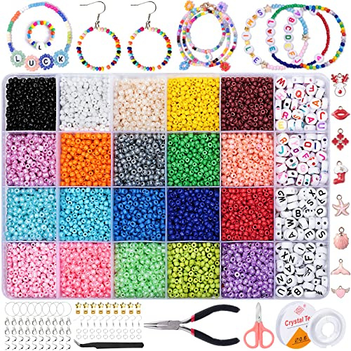 AOLLEN 9600 Stück 3 mm Perlen zum Auffädeln, 20 Farben Glasperlen Perlen Set für Armbänder, Ketten und Ringe Mit 240 Stück Alphabet Buchstabe Perlen für Schmuck machen und Handwerk