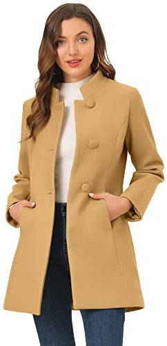 Allegra K Women Winter Overcoat Mid-Long Stand Collar Single Breasted Coat | Warm casual peacoat, Versatile office daily outerwear, Loose relaxed fit, Elegant stand collar detail, Khaki S