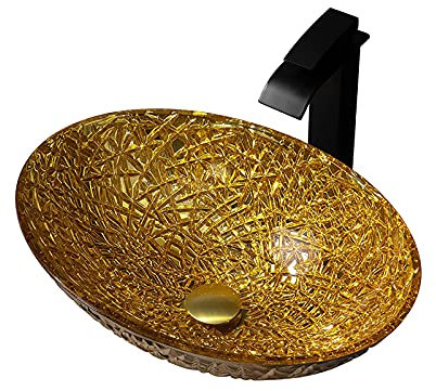 SXLSZ Glas Waschbecken, Aufsatzwaschbecken Glas Aufsatz Oval Waschschale Waschtisch Gold Waschbecken Waschschale, Handwaschbecken mit Abflussgarnitur Set, 500×355×155mm,Sink with Black Faucet